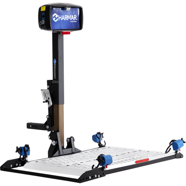 A Harmar vehicle lift with a platform, designed for transporting mobility devices such as scooters or wheelchairs.