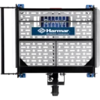 Harmar vehicle lift platform with a perforated metal design and branded sign.