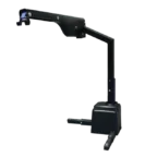 Black adjustable arm display stand on a flat base, designed for holding devices.