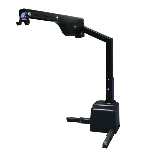 Black adjustable arm display stand on a flat base, designed for holding devices.