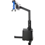 A black, industrial robotic arm with a blue gripper attachment, mounted on a square base, extends vertically with a bent joint.