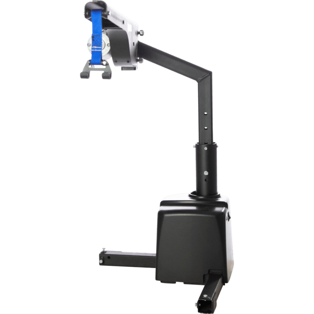 A black, industrial robotic arm with a blue gripper attachment, mounted on a square base, extends vertically with a bent joint.