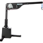A black mechanical lift with a motorized arm and a hook at the end, used for assisting mobility devices.