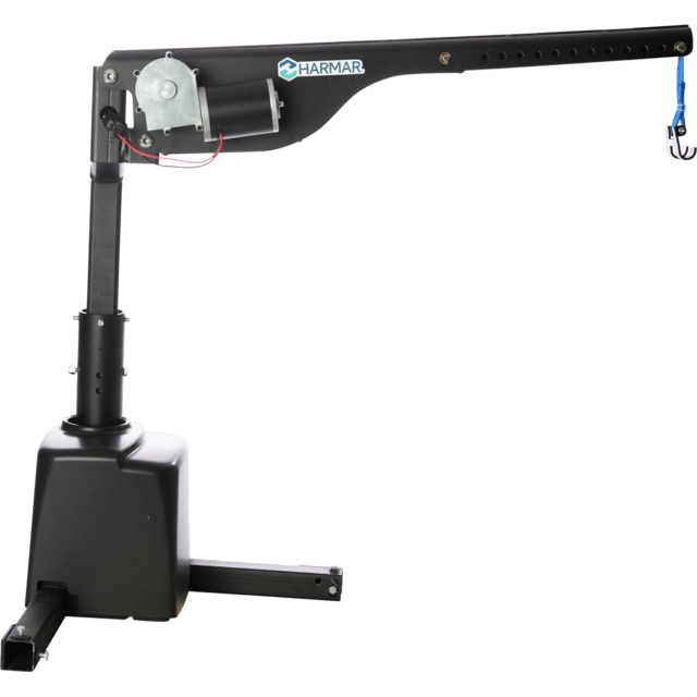 A black mechanical lift with a motorized arm and a hook at the end, used for assisting mobility devices.