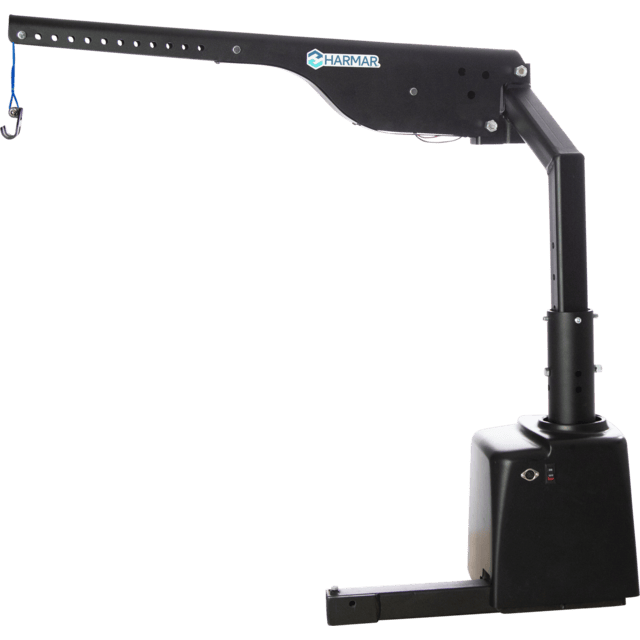 Mechanical lift with a hooked arm and a sturdy base, branded with Harmar logo, shown on a plain white background.