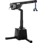 Electric hoist with a black base, adjustable arm, and blue strap hook. Ideal for lifting mobility equipment.