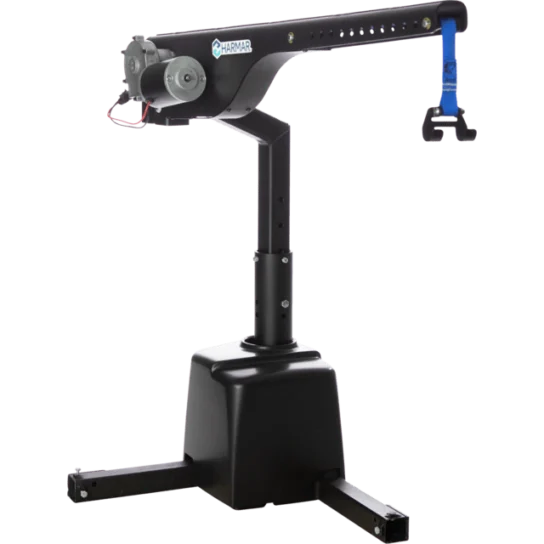 Electric hoist with a black base, adjustable arm, and blue strap hook. Ideal for lifting mobility equipment.