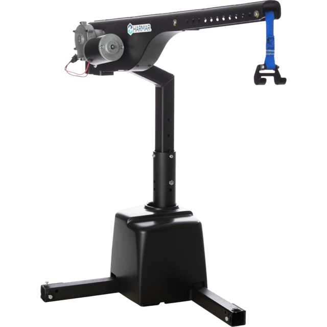 Electric hoist with a black base, adjustable arm, and blue strap hook. Ideal for lifting mobility equipment.