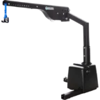 Mechanical lift with a black arm and blue hook, designed for assisting with mobility and lifting needs.