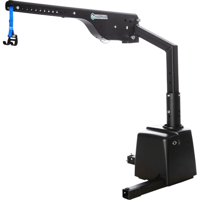 Mechanical lift with a black arm and blue hook, designed for assisting with mobility and lifting needs.