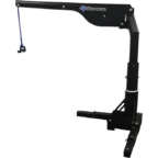 A black vehicle lift designed for mobility equipment, featuring a vertical frame with an extendable arm and hook.