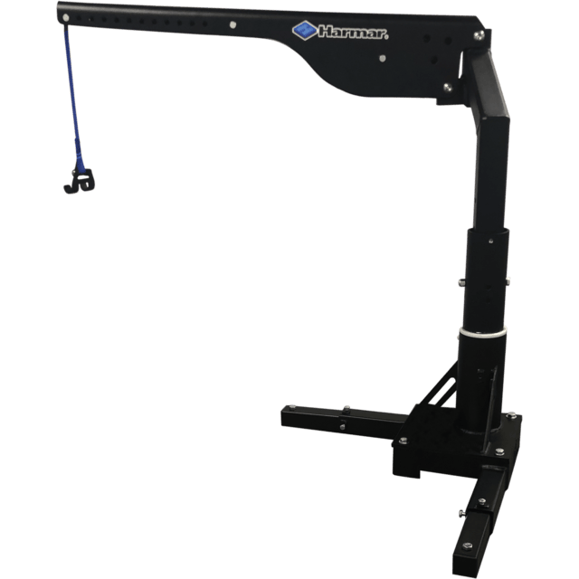 A black vehicle lift designed for mobility equipment, featuring a vertical frame with an extendable arm and hook.