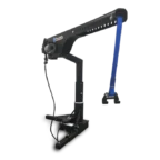 Robotic arm with a blue strap attached, mounted on a black base.