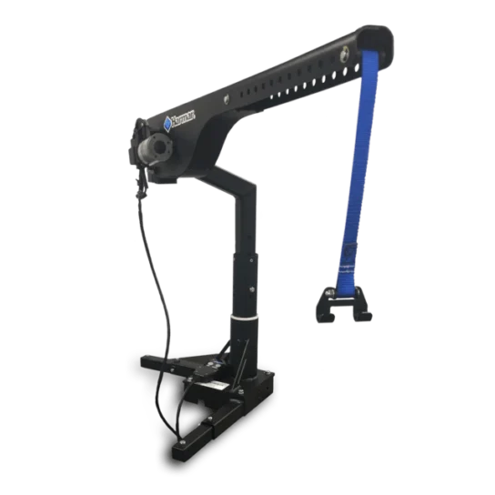 Robotic arm with a blue strap attached, mounted on a black base.