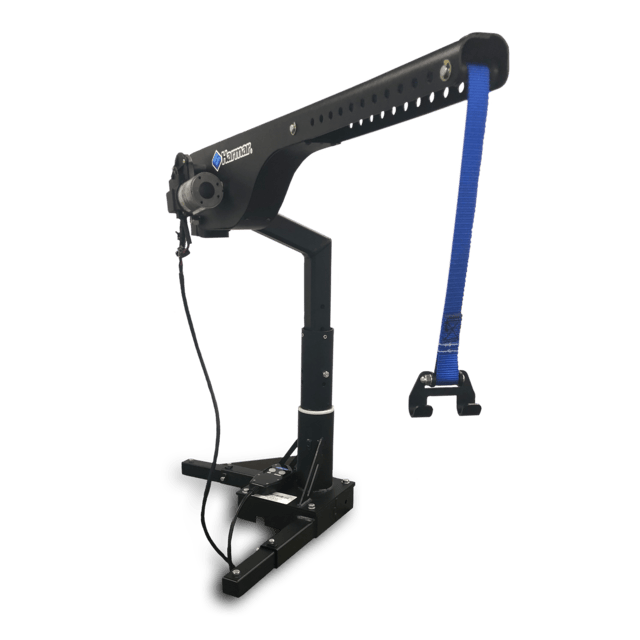 Robotic arm with a blue strap attached, mounted on a black base.