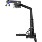 Black hitch-mounted motorcycle carrier, featuring a locking mechanism and stabilizing arm, designed for transporting motorcycles securely.