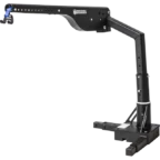 Black Harmar vehicle lift with an adjustable arm and blue strap attachment, designed for transporting mobility devices.