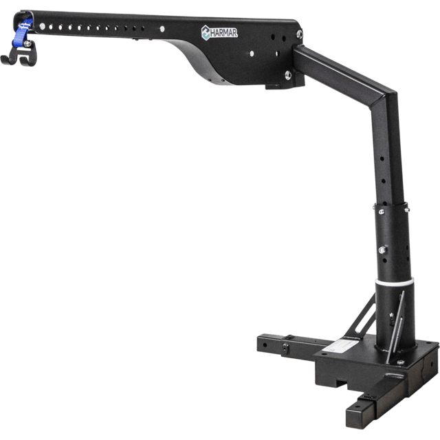 Black Harmar vehicle lift with an adjustable arm and blue strap attachment, designed for transporting mobility devices.