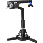 Black motorized lift device with a vertical arm and base, used for hoisting equipment, featuring a blue strap and logo on the arm.