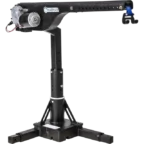 A black Harmar lift with an adjustable arm, motor, and base, designed for lifting mobility devices.