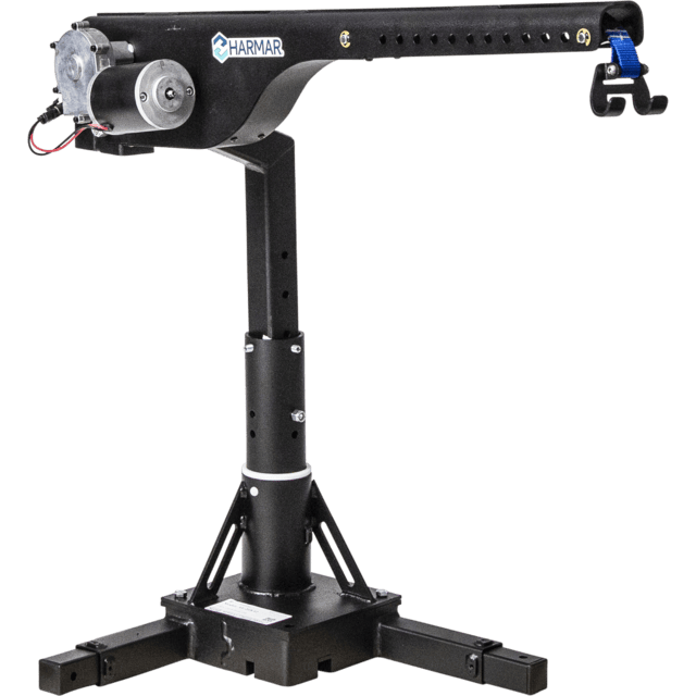 A black Harmar lift with an adjustable arm, motor, and base, designed for lifting mobility devices.