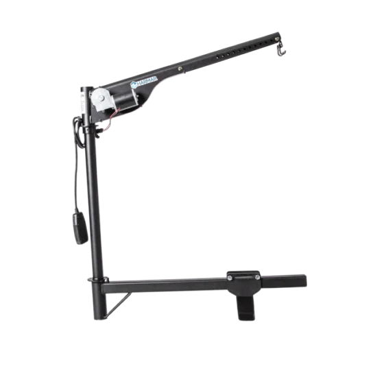 Metal crane-style vehicle lift with a motor, hook, and adjustable arm designed for loading wheelchairs or scooters.