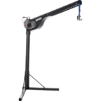 A black crane arm with a hook attachment is mounted on a vertical stand and supported by angled braces.