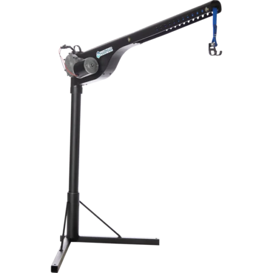 A black crane arm with a hook attachment is mounted on a vertical stand and supported by angled braces.