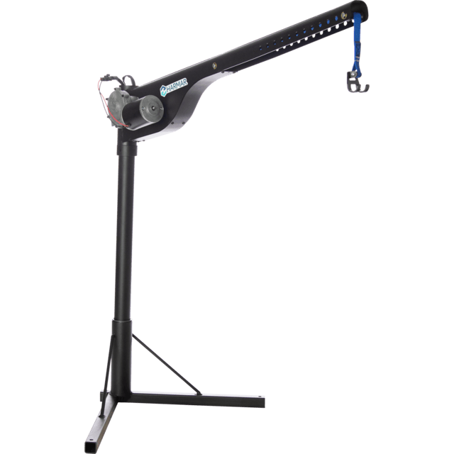 A black crane arm with a hook attachment is mounted on a vertical stand and supported by angled braces.