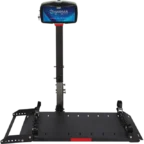 Wheelchair lift platform with a support stand displaying the Harmar logo on a small screen.