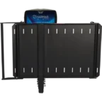 A black Harmar lift with a blue and white label, featuring a platform and railings for mobility devices.