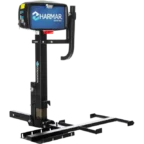 A black Harmar scooter lift with a blue control box and platform, designed for vehicle transport.