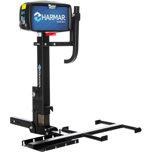 A black Harmar scooter lift with a blue control box and platform, designed for vehicle transport.