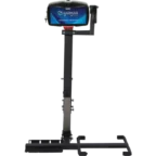 A motorized mobility lift with a vertical support column and attached platform for lifting wheelchairs or scooters.