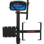 Vehicle lift with Harmar logo, designed for mobility aids. Black metal structure with mounting brackets.