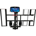 Image of a Harmar mobility lift device featuring a black metal frame with a blue logo panel mounted on top.