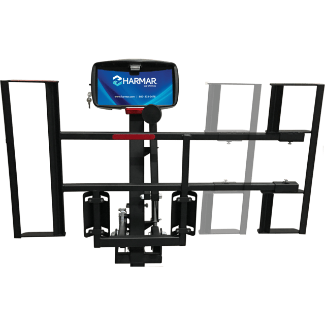 Image of a Harmar mobility lift device featuring a black metal frame with a blue logo panel mounted on top.