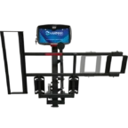 Black, metal wheelchair lift with a blue Harmar logo on the upper part, designed for vehicle attachment.