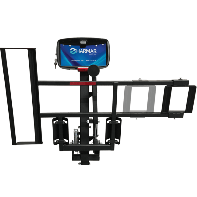 Black, metal wheelchair lift with a blue Harmar logo on the upper part, designed for vehicle attachment.