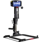A black Harmar vehicle lift with a platform and various controls, designed for transporting mobility devices like scooters or wheelchairs.