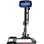 Vehicle lift with a platform and support bars, featuring a screen displaying "Harmar.