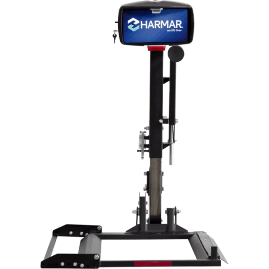Vehicle lift with a platform and support bars, featuring a screen displaying "Harmar.