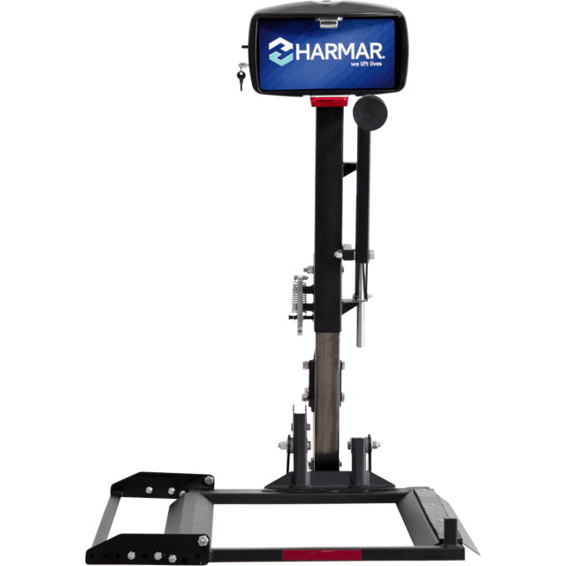Vehicle lift with a platform and support bars, featuring a screen displaying "Harmar.