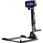 A Harmar vehicle lift for mobility devices, featuring a black metal frame and platform with a vertical post and branded cover at the top.