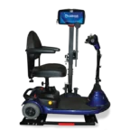 Electric mobility scooter with a black seat, blue base, and control panel mounted on a vertical bar.