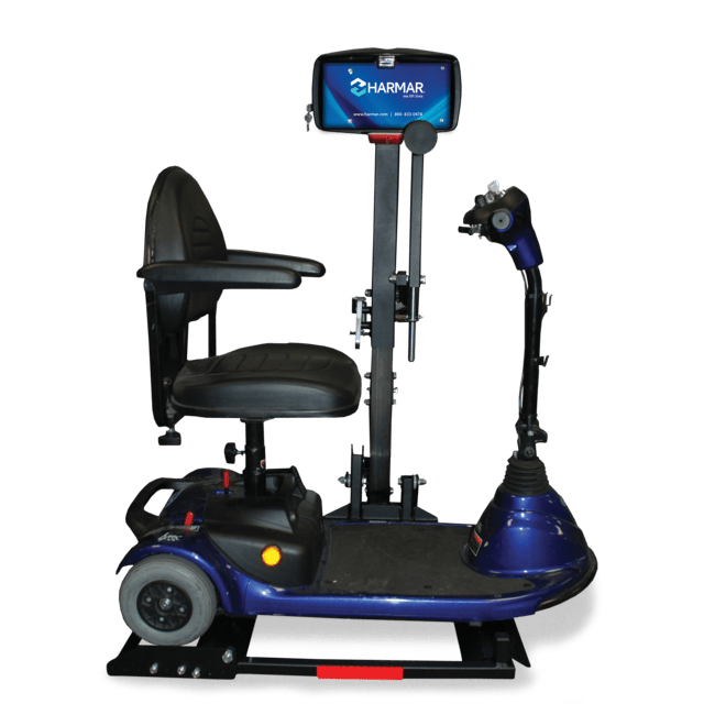 Electric mobility scooter with a black seat, blue base, and control panel mounted on a vertical bar.