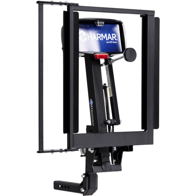 Harmar vehicle lift for mobility devices, featuring a robust metal frame and attachment components.