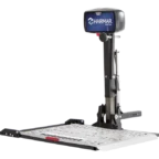 A Harmar wheelchair lift platform with a support column and spring mechanism, designed for easy mobility aid transportation.
