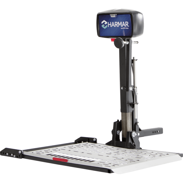 A Harmar wheelchair lift platform with a support column and spring mechanism, designed for easy mobility aid transportation.