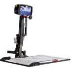 Electric platform lift for wheelchairs with a metal base and vertical support, featuring a Harmar logo on the motor housing.